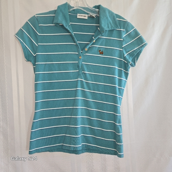 ENERGIE GIRLS TOP 3-BUTTON FRONT COLLAR SHORT SLEEVES TEAL WHITE STRIPE SIZE LG - Picture 3 of 10